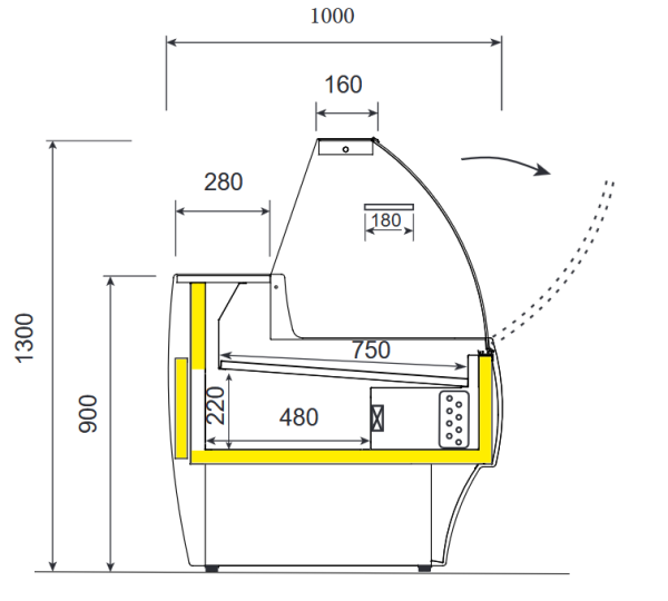 MA30/B5-R2V (25) Mantova Verkaufstheke mit gebogener Frontscheibe, Umluft und Reservefach - SCHWARZ